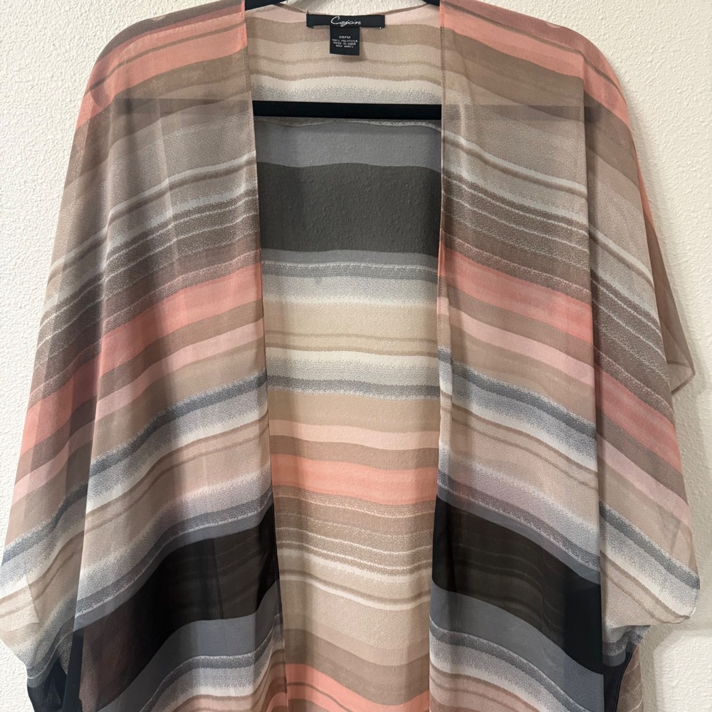 Cejon Womens Sheer Striped Kimono Wrap Open Front Beach Coverup OSFM Coral Grey - Picture 4 of 5